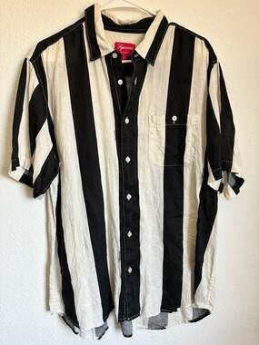 Supreme Wide Stripe 100% Linen Short Sleeve Button Up Shirt Black/White
